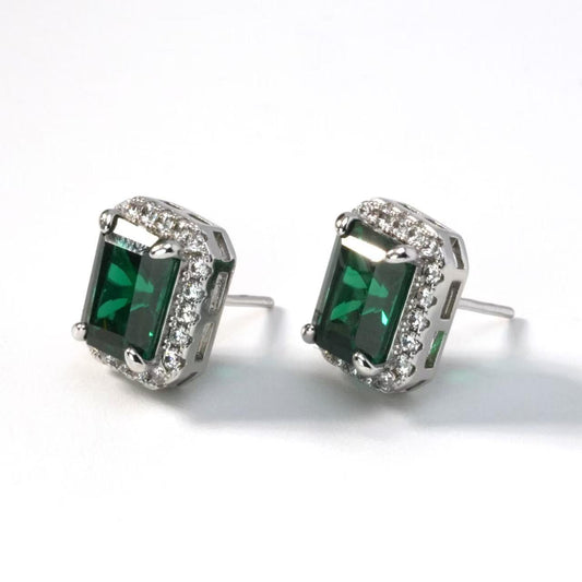 Smeralda Emerald Studs –Emerald-Cut Deep Green with Bezel Halo