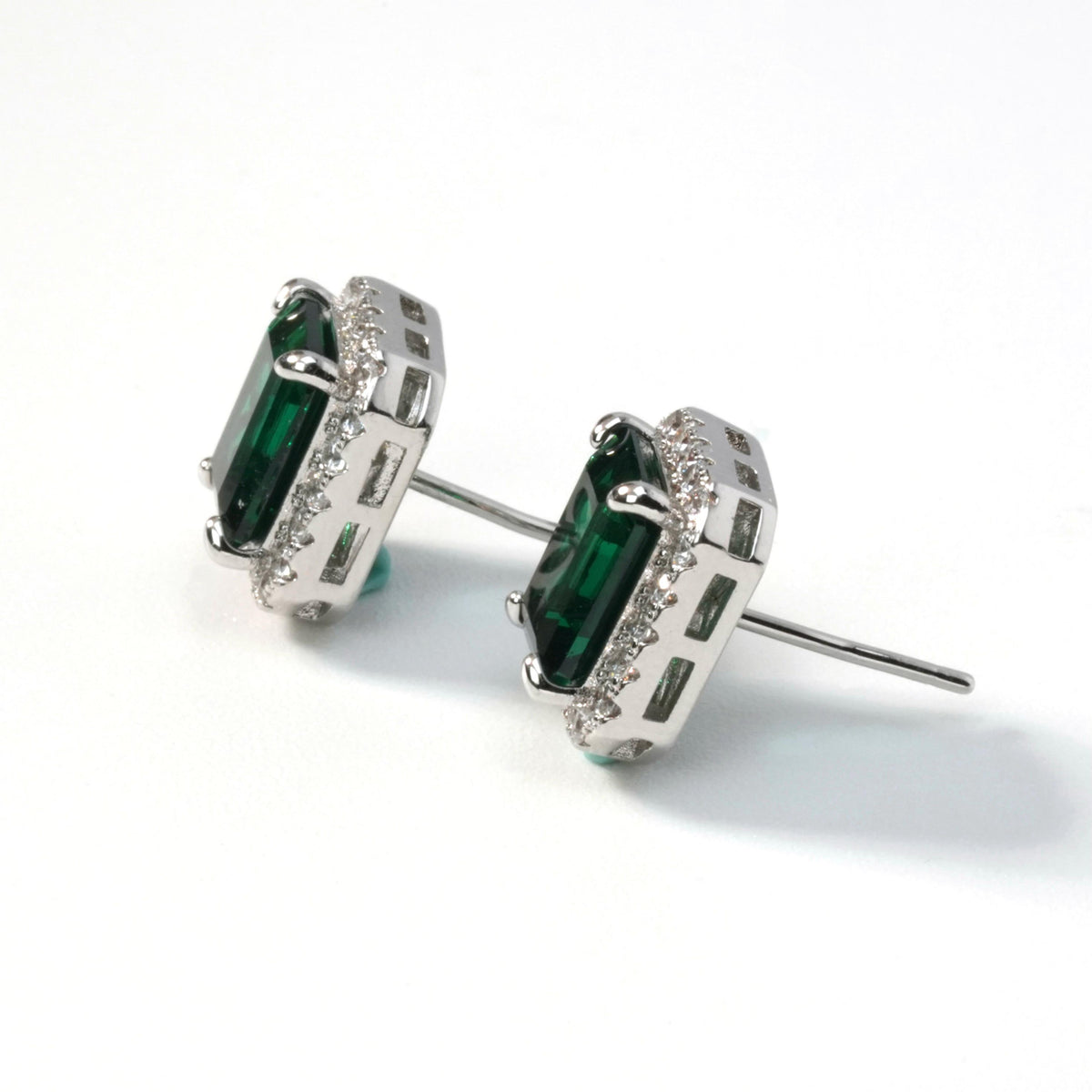Smeralda Emerald Studs –Emerald-Cut Deep Green with Bezel Halo